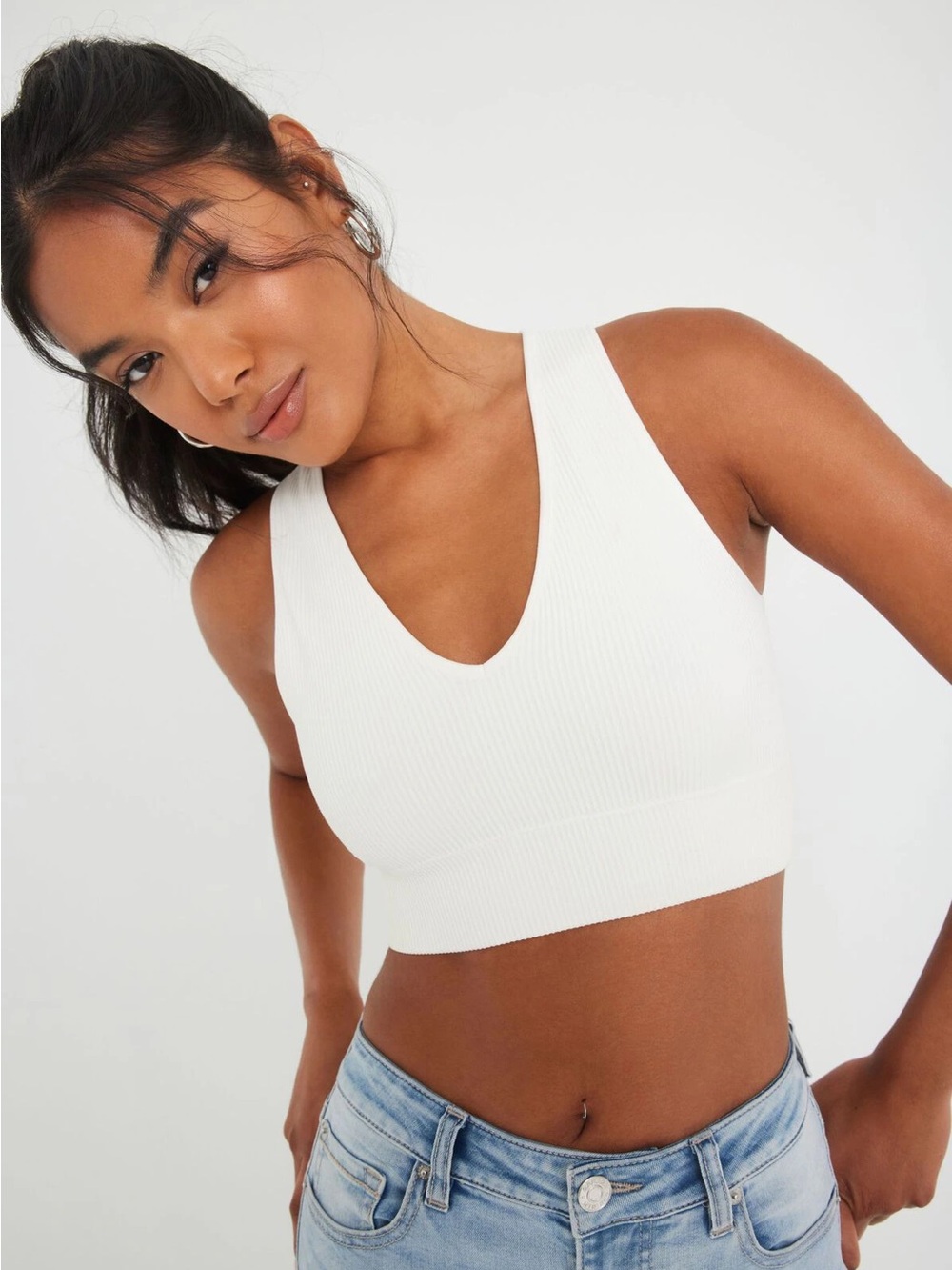 GARAGE White Ribbed V-Neck Crop Tank